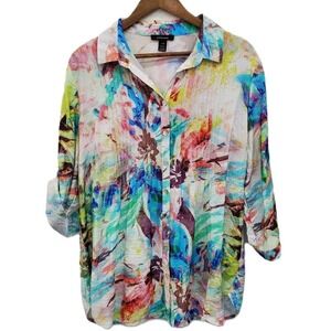 Alison Sheri Womens L Abstract Multicolor Button Up Collared Long Sleeve Blouse